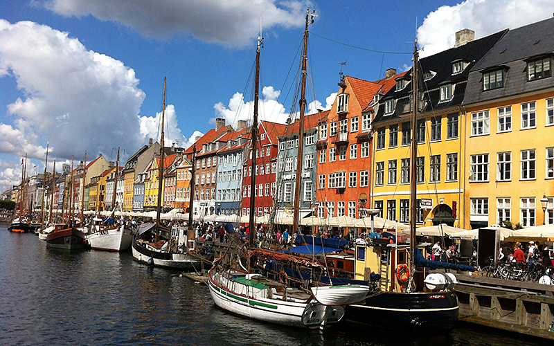 Copenhagen with boats at a pier